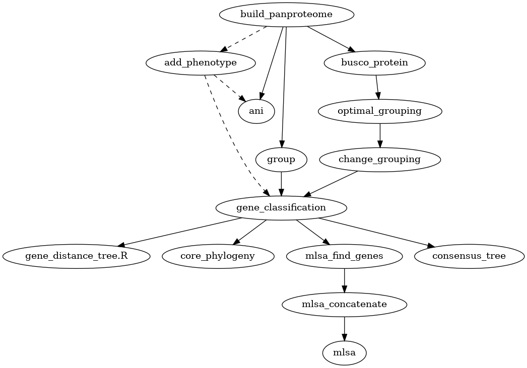 digraph P {
    "build_panproteome" -> "add_phenotype" [style=dashed];
    "build_panproteome" -> "group";
    "build_panproteome" -> "busco_protein";
    "busco_protein" -> "optimal_grouping";
    "optimal_grouping" -> "change_grouping";
    "group" -> "gene_classification";
    "change_grouping" -> "gene_classification";
    "add_phenotype" -> "gene_classification" [style=dashed];
    "gene_classification" -> "gene_distance_tree.R";
    "add_phenotype" -> "ani" [style=dashed];
    "build_panproteome" -> "ani";
    "gene_classification" -> "core_phylogeny";
    "gene_classification" -> "mlsa_find_genes";
    "mlsa_find_genes" -> "mlsa_concatenate";
    "mlsa_concatenate" -> "mlsa";
    "gene_classification" -> "consensus_tree";
}