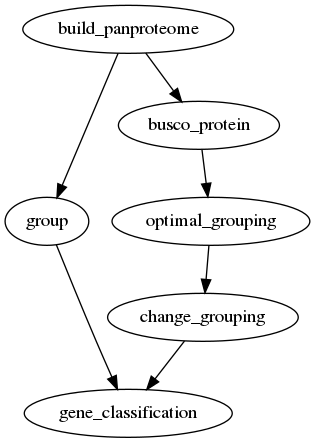 digraph P {
    "build_panproteome" -> "group";
    "build_panproteome" -> "busco_protein";
    "busco_protein" -> "optimal_grouping";
    "optimal_grouping" -> "change_grouping";
    "group" -> "gene_classification";
    "change_grouping" -> "gene_classification";
}