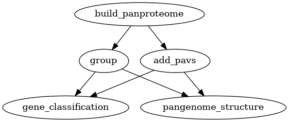 digraph P {
"build_panproteome" -> "group";
"build_panproteome" -> "add_pavs";
"group" -> "gene_classification";
"add_pavs" -> "gene_classification";
"group" -> "pangenome_structure";
"add_pavs" -> "pangenome_structure";
}