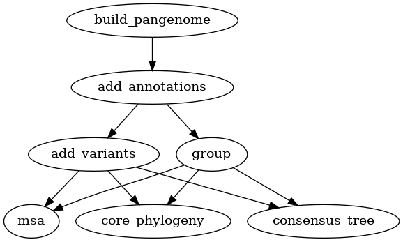 digraph G {
"build_pangenome" -> "add_annotations";
"add_annotations" -> "add_variants";
"add_annotations" -> "group";
"group" -> "msa";
"add_variants" -> "msa";
"group" -> "core_phylogeny";
"add_variants" -> "core_phylogeny";
"group" -> "consensus_tree";
"add_variants" -> "consensus_tree";
}